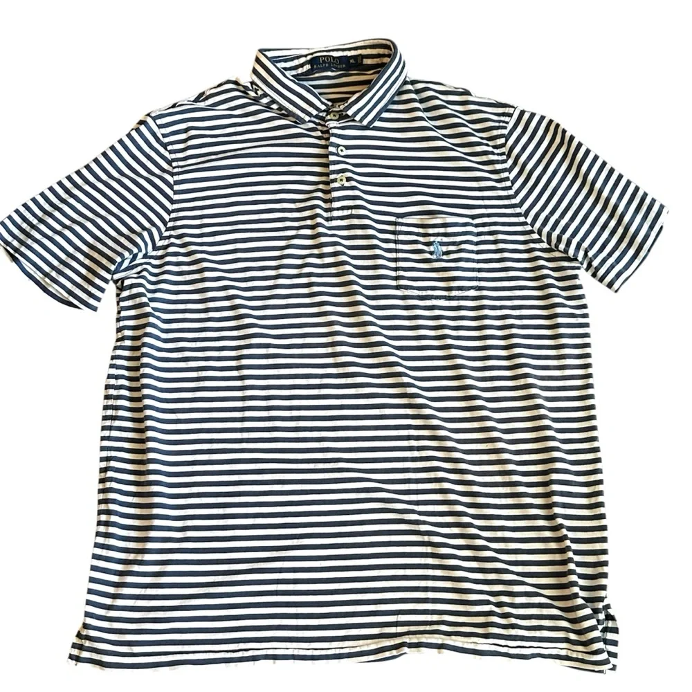 Polo Ralph Lauren Shirt Men’s XL Navy & White Stripe Light Blue‎ Pony on Pocket